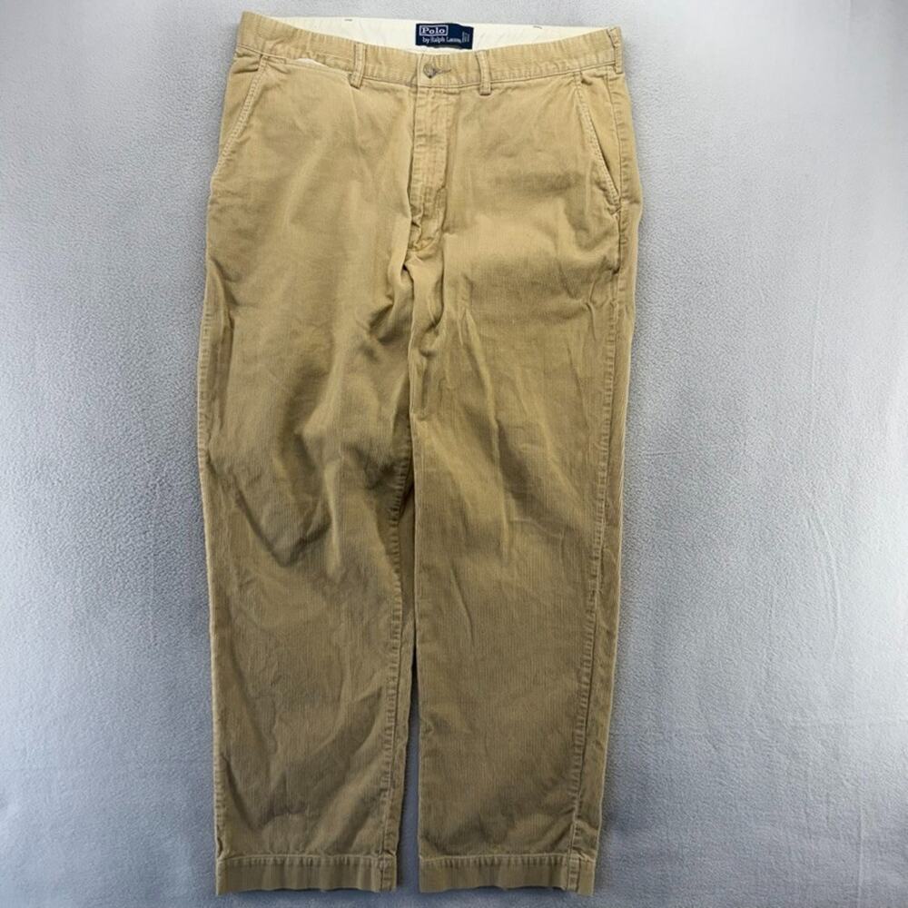 Vintage Ralph Lauren pants mens 35x30 Fits 34x30 Tan Corduroy Trousers baggy 90s - Picture 1 of 7